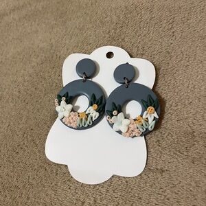 Handmade Navy Blue Clay Floral Earrings
